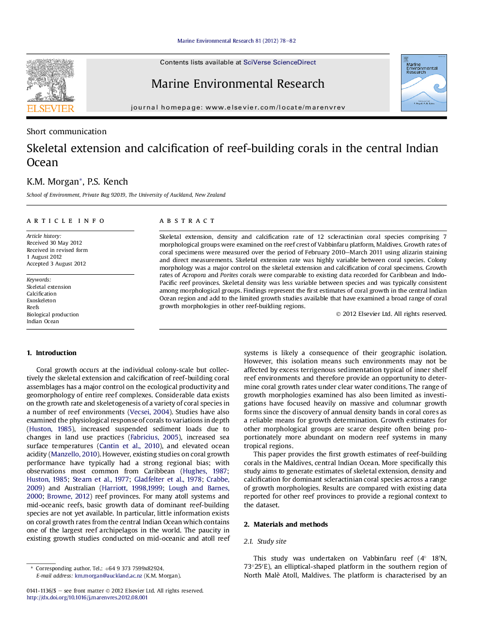 Skeletal extension and calcification of reef-building corals in the central Indian Ocean