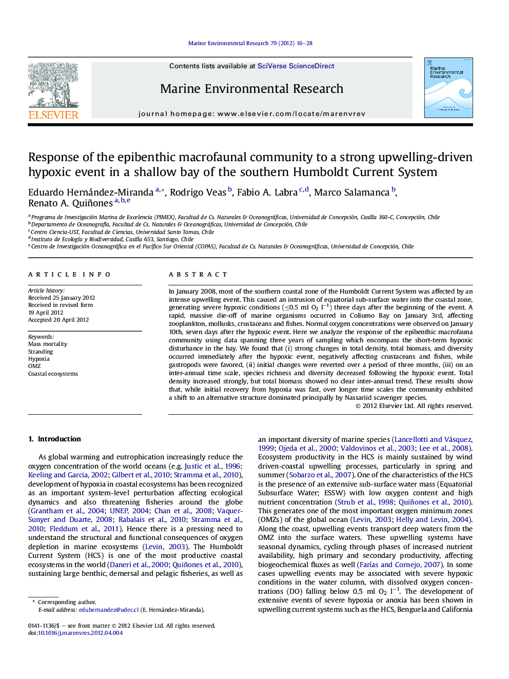 Response of the epibenthic macrofaunal community to a strong upwelling-driven hypoxic event in a shallow bay of the southern Humboldt Current System