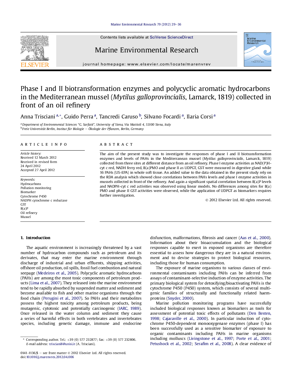 Phase I and II biotransformation enzymes and polycyclic aromatic hydrocarbons in the Mediterranean mussel (Mytilus galloprovincialis, Lamarck, 1819) collected in front of an oil refinery