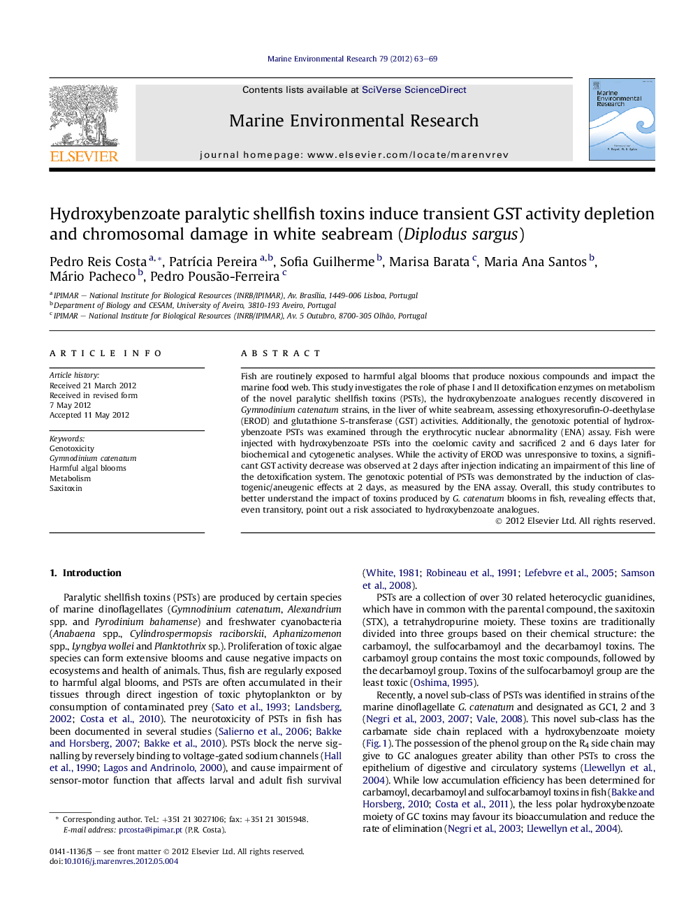 Hydroxybenzoate paralytic shellfish toxins induce transient GST activity depletion and chromosomal damage in white seabream (Diplodus sargus)