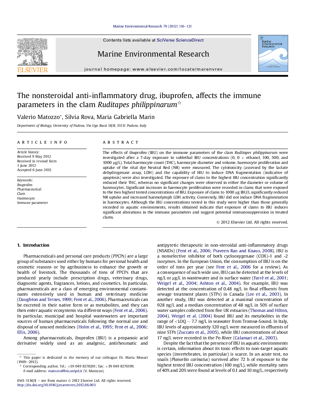 The nonsteroidal anti-inflammatory drug, ibuprofen, affects the immune parameters in the clam Ruditapes philippinarum 