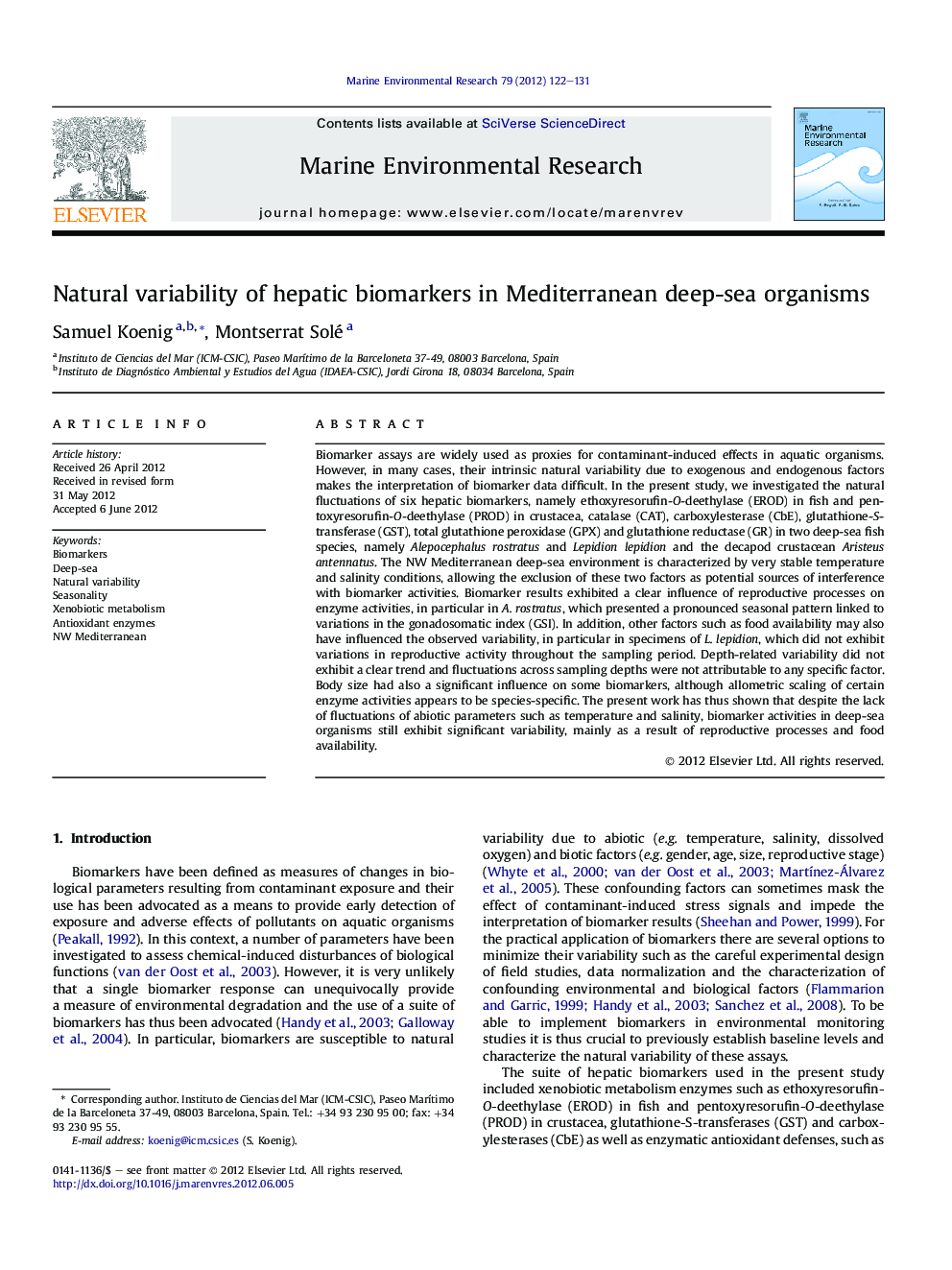 Natural variability of hepatic biomarkers in Mediterranean deep-sea organisms