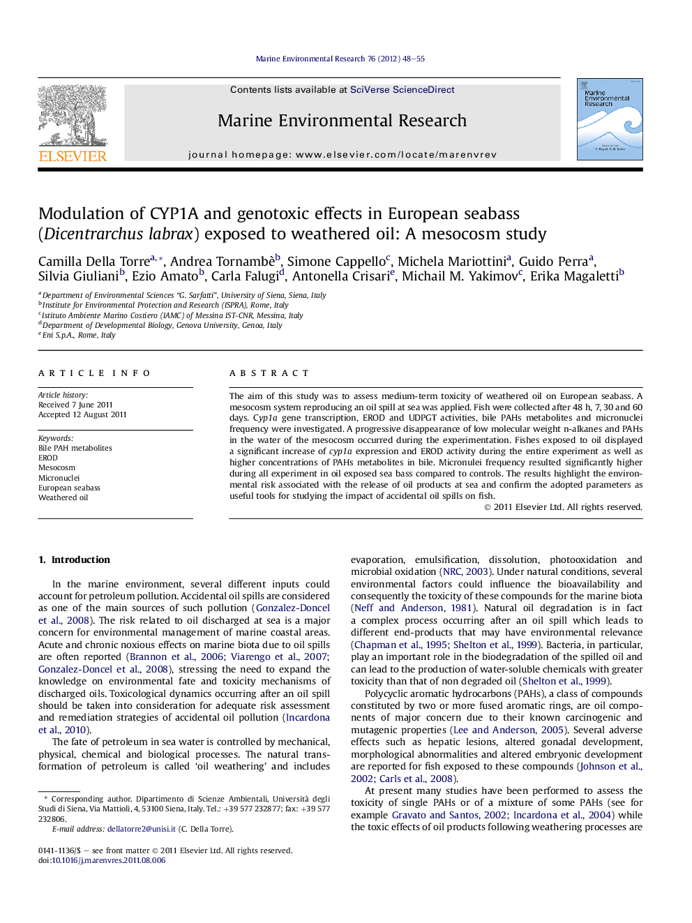 Modulation of CYP1A and genotoxic effects in European seabass (Dicentrarchus labrax) exposed to weathered oil: A mesocosm study