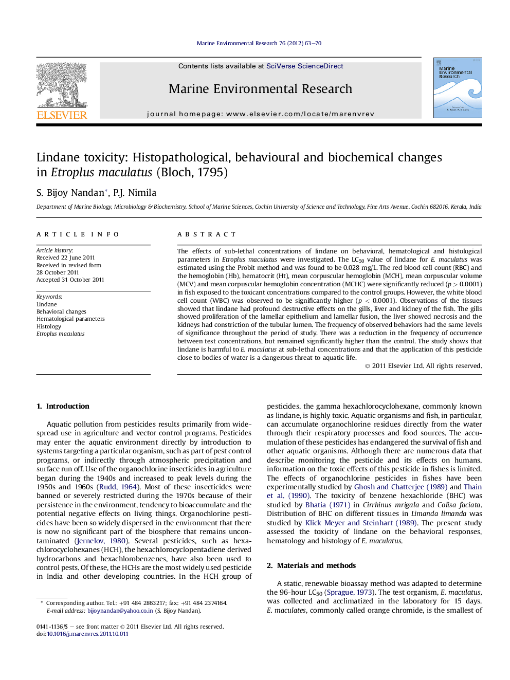 Lindane toxicity: Histopathological, behavioural and biochemical changes in Etroplus maculatus (Bloch, 1795)