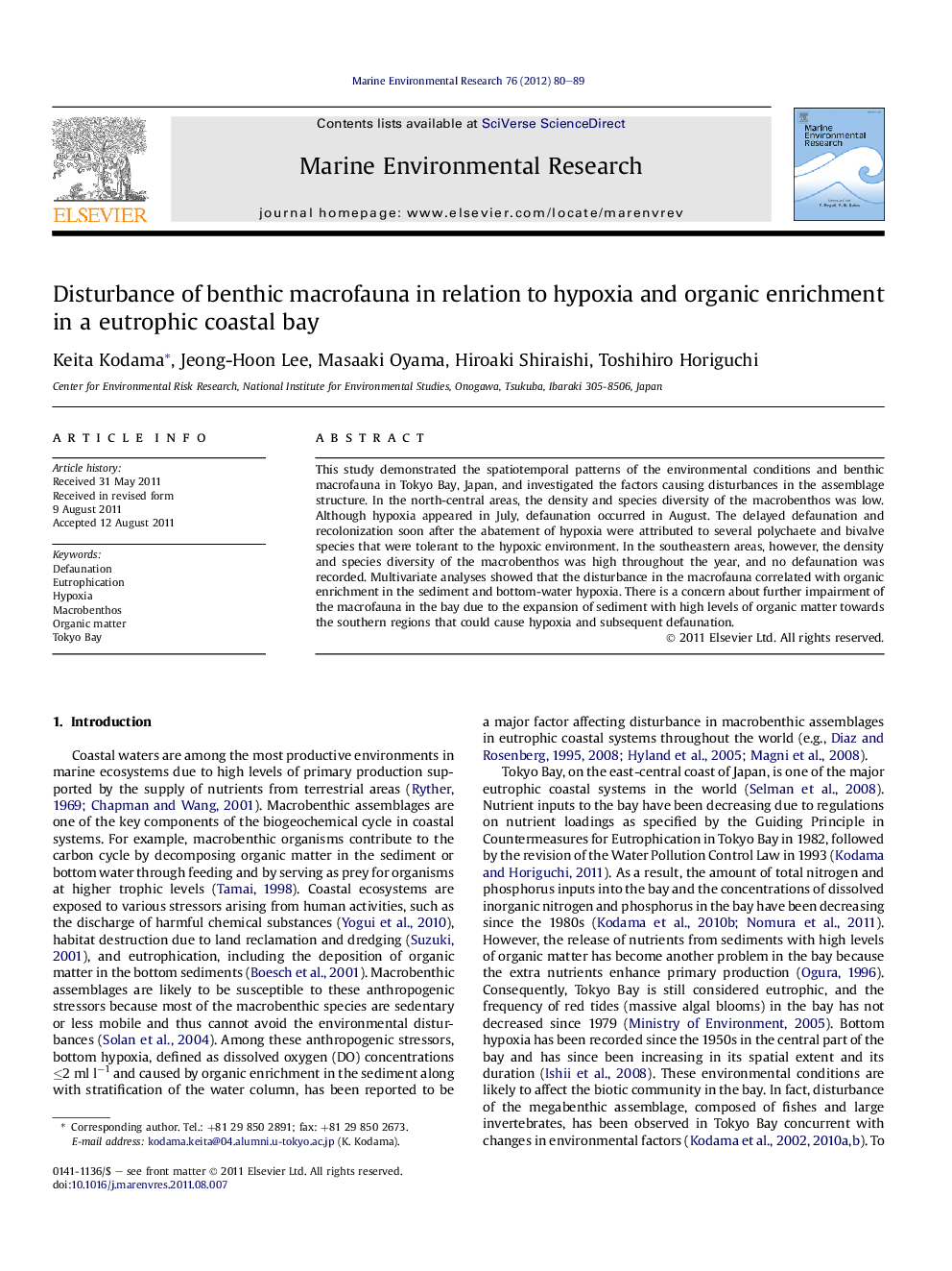 Disturbance of benthic macrofauna in relation to hypoxia and organic enrichment in a eutrophic coastal bay