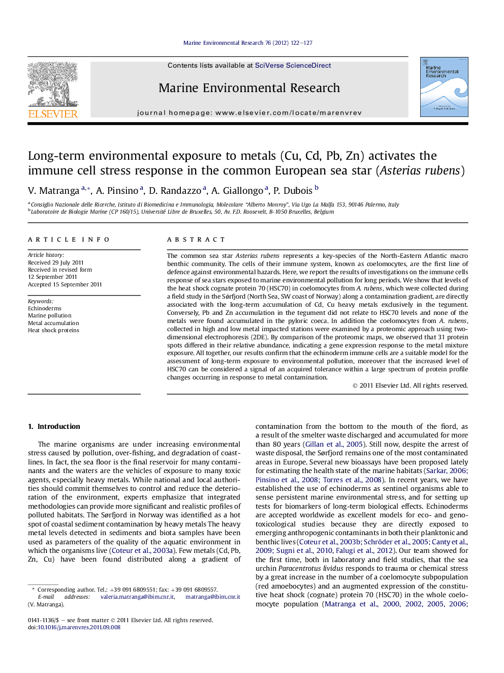 Long-term environmental exposure to metals (Cu, Cd, Pb, Zn) activates the immune cell stress response in the common European sea star (Asterias rubens)