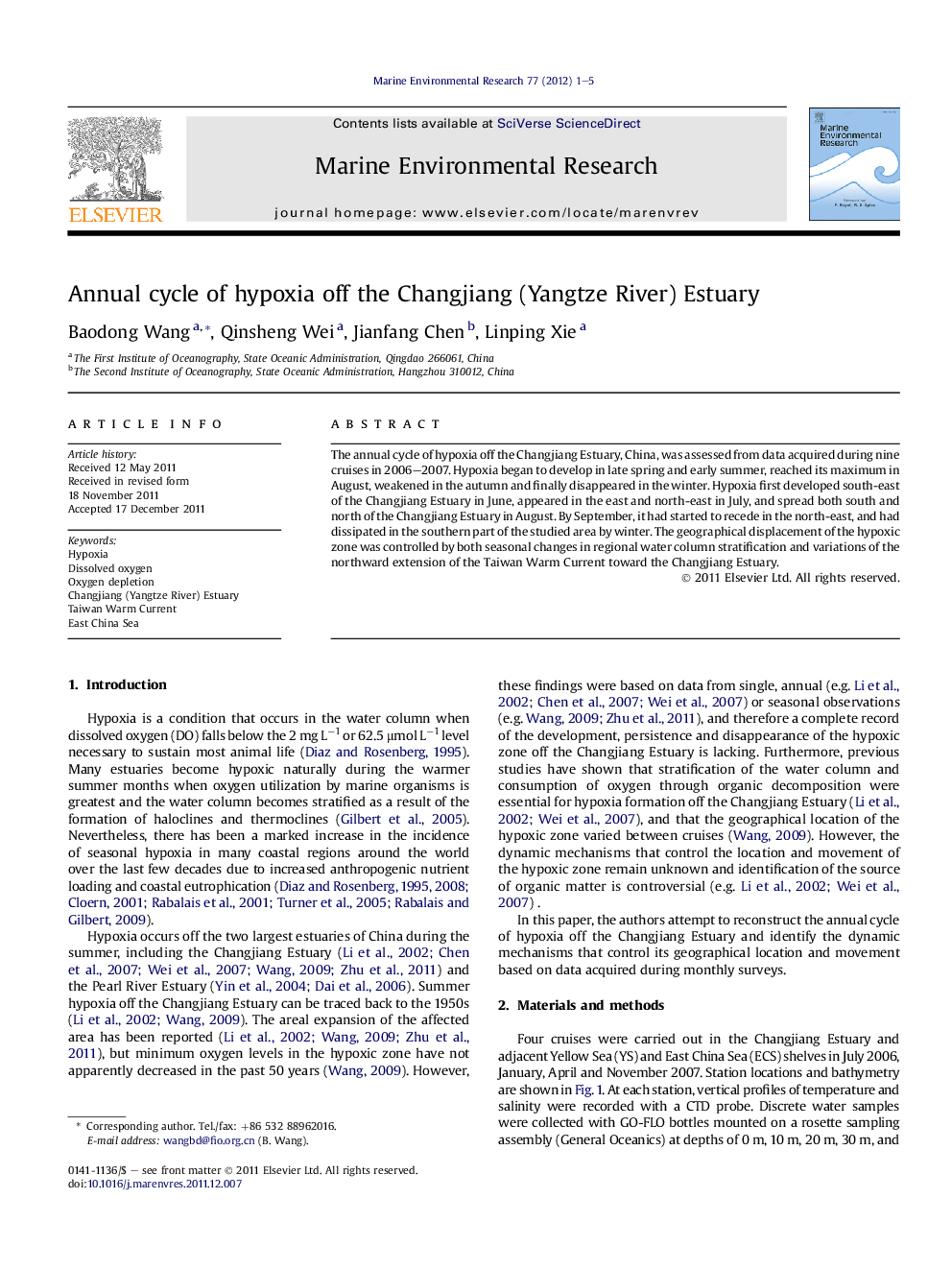 Annual cycle of hypoxia off the Changjiang (Yangtze River) Estuary