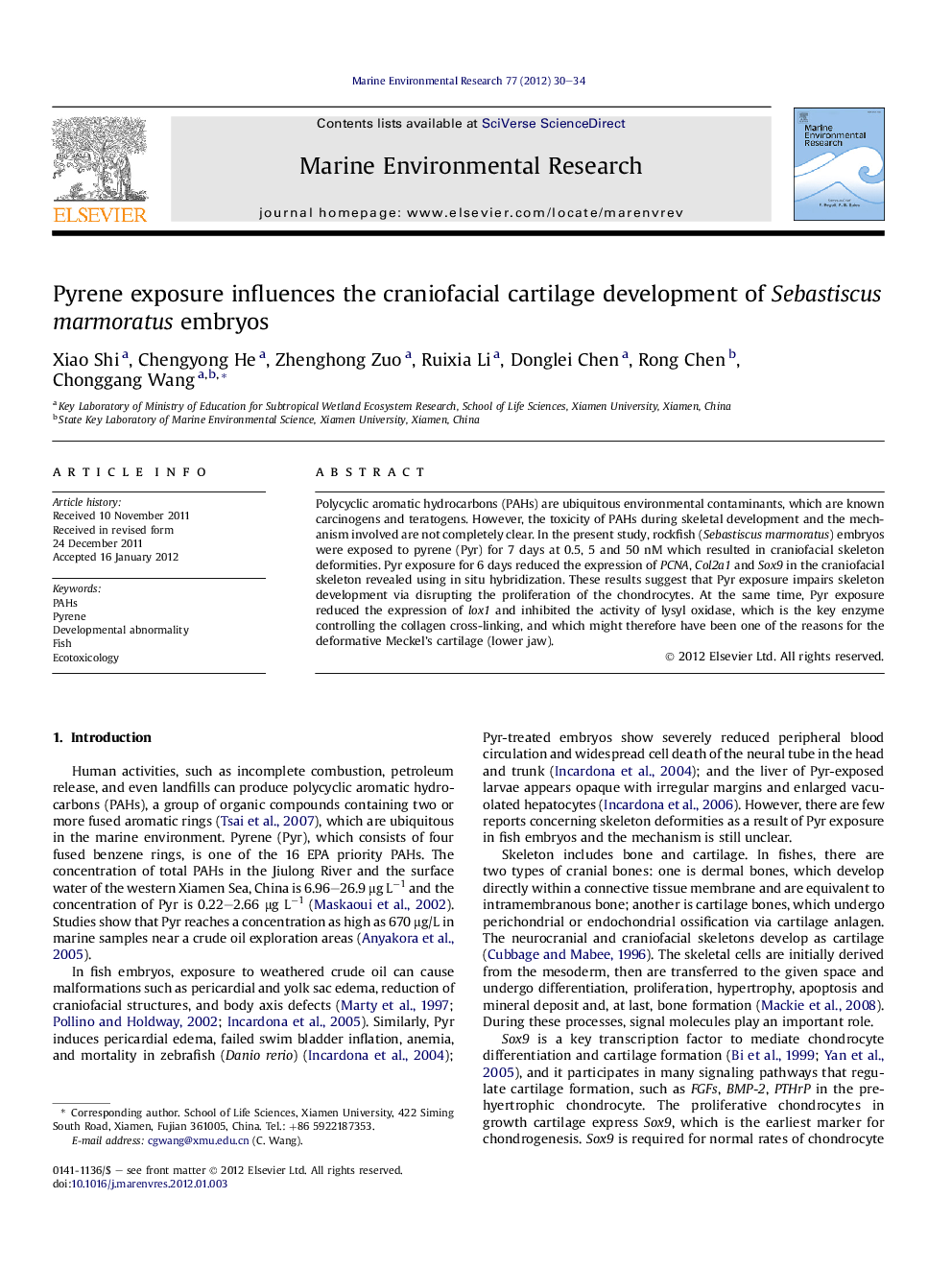 Pyrene exposure influences the craniofacial cartilage development of Sebastiscus marmoratus embryos