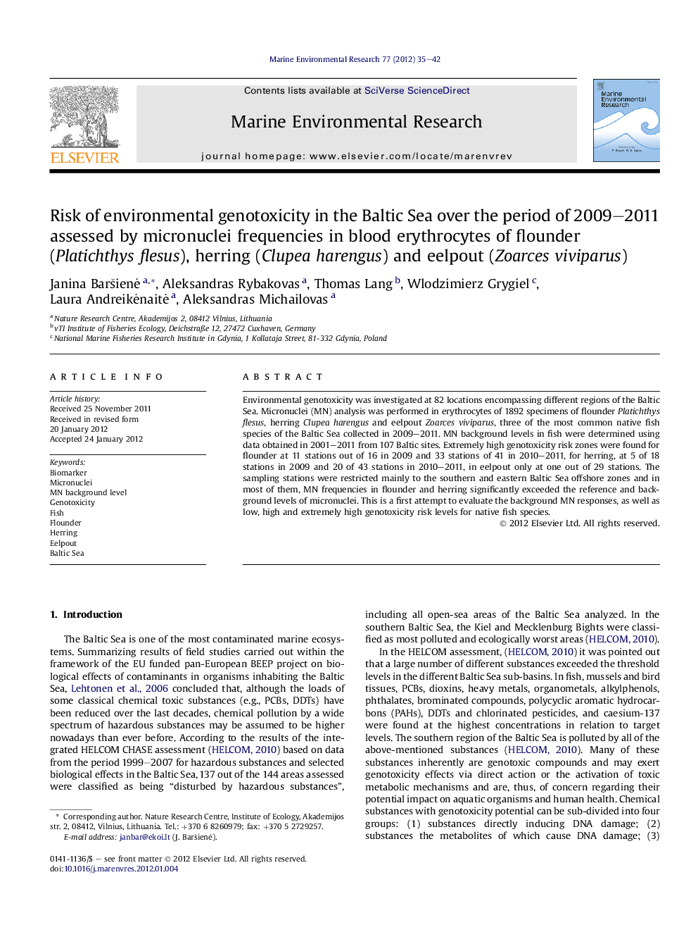 Risk of environmental genotoxicity in the Baltic Sea over the period of 2009–2011 assessed by micronuclei frequencies in blood erythrocytes of flounder (Platichthys flesus), herring (Clupea harengus) and eelpout (Zoarces viviparus)