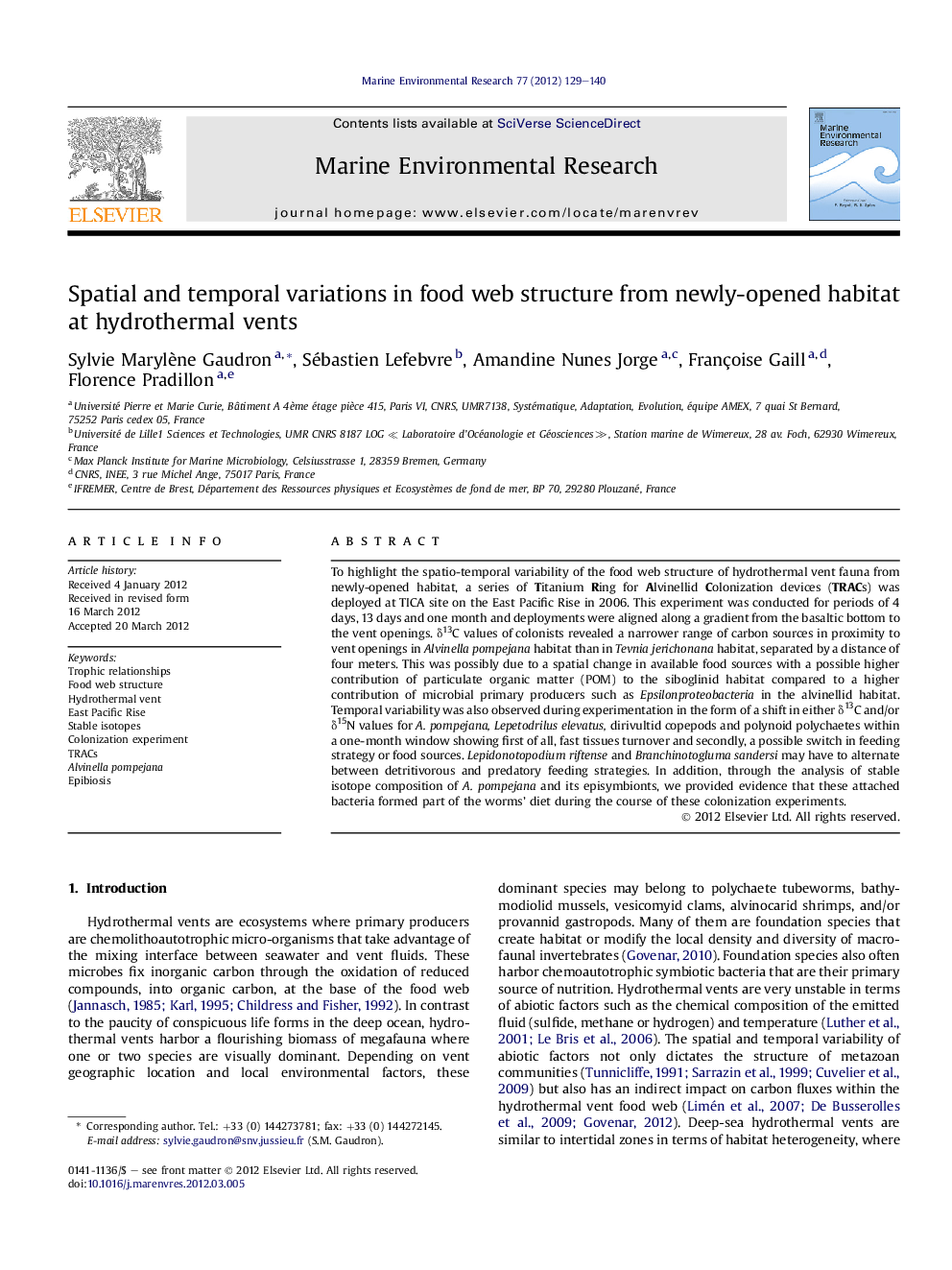 Spatial and temporal variations in food web structure from newly-opened habitat at hydrothermal vents