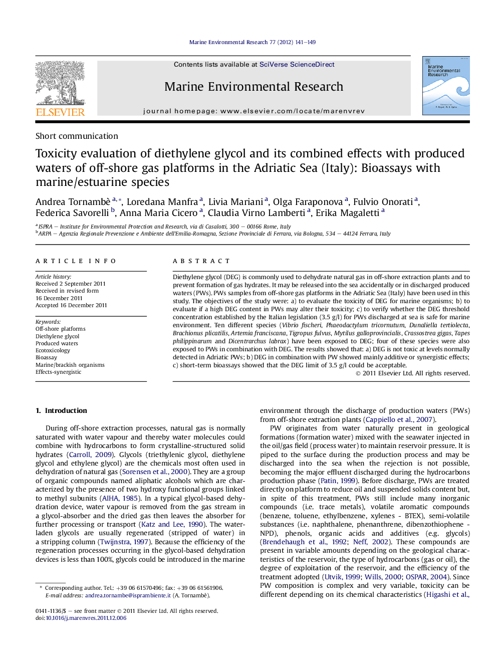 Toxicity evaluation of diethylene glycol and its combined effects with produced waters of off-shore gas platforms in the Adriatic Sea (Italy): Bioassays with marine/estuarine species