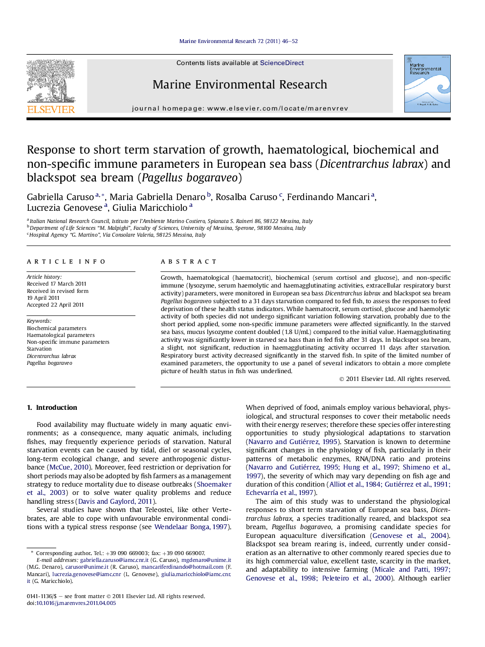 Response to short term starvation of growth, haematological, biochemical and non-specific immune parameters in European sea bass (Dicentrarchus labrax) and blackspot sea bream (Pagellus bogaraveo)