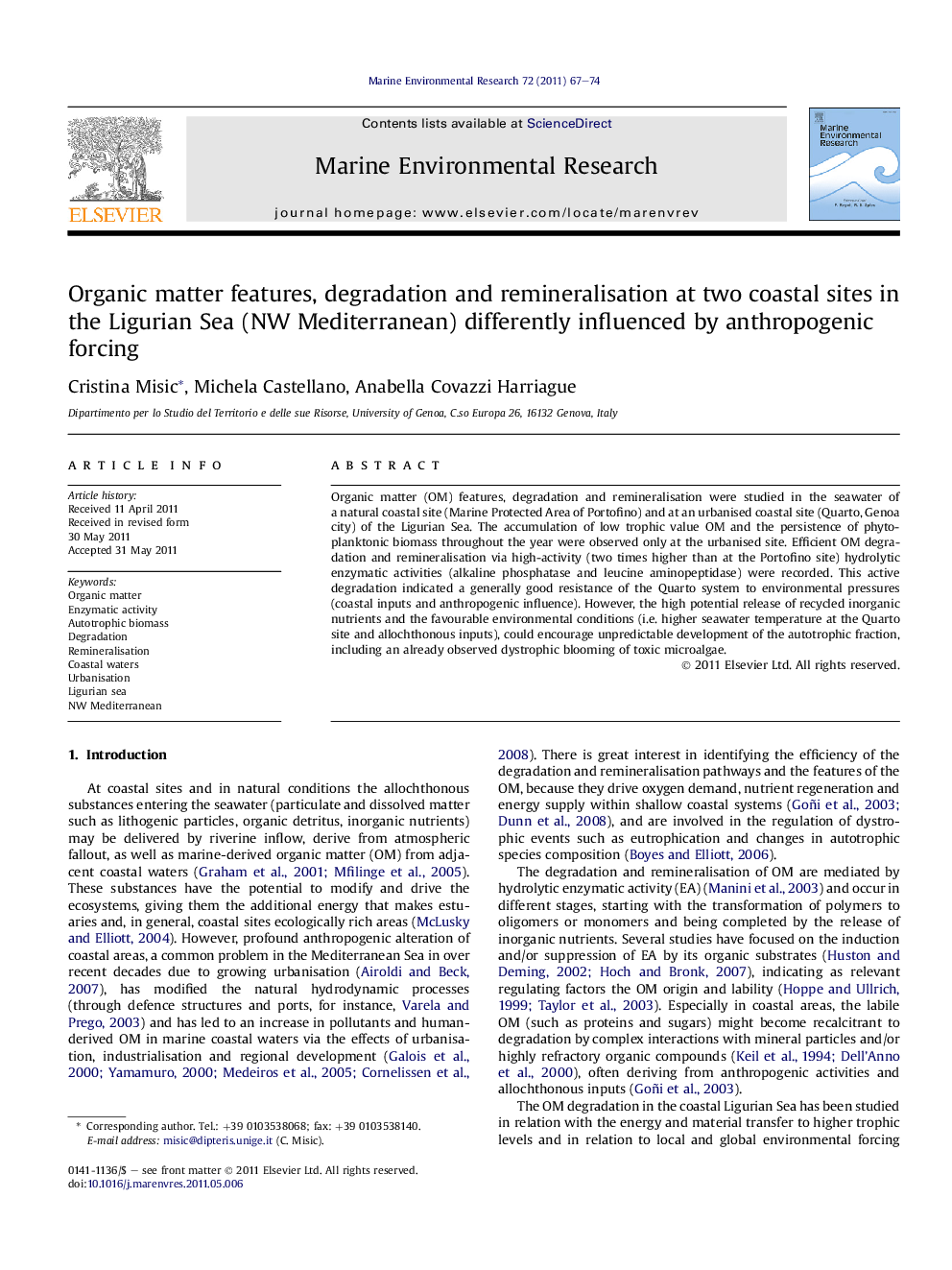 Organic matter features, degradation and remineralisation at two coastal sites in the Ligurian Sea (NW Mediterranean) differently influenced by anthropogenic forcing