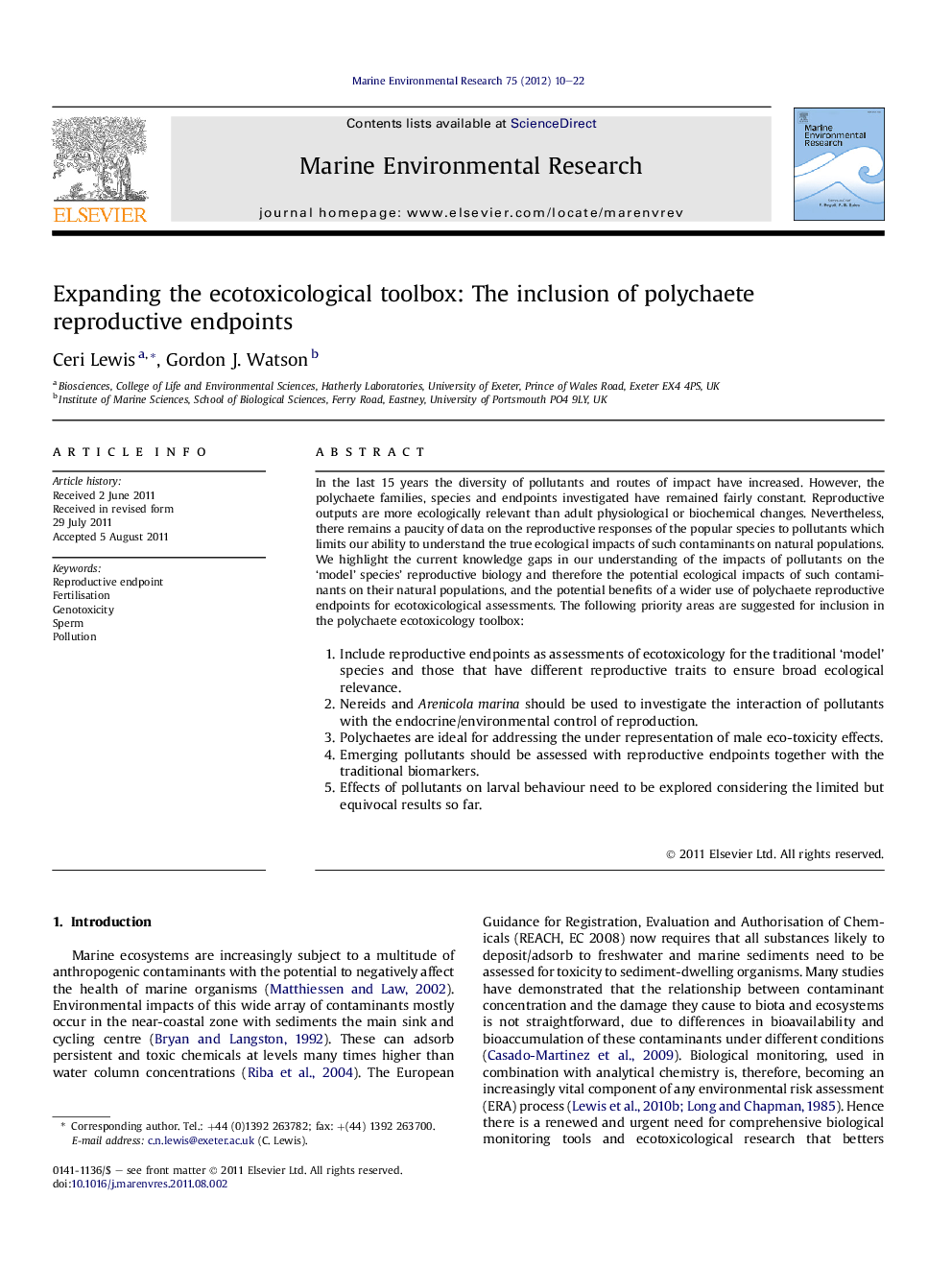 Expanding the ecotoxicological toolbox: The inclusion of polychaete reproductive endpoints