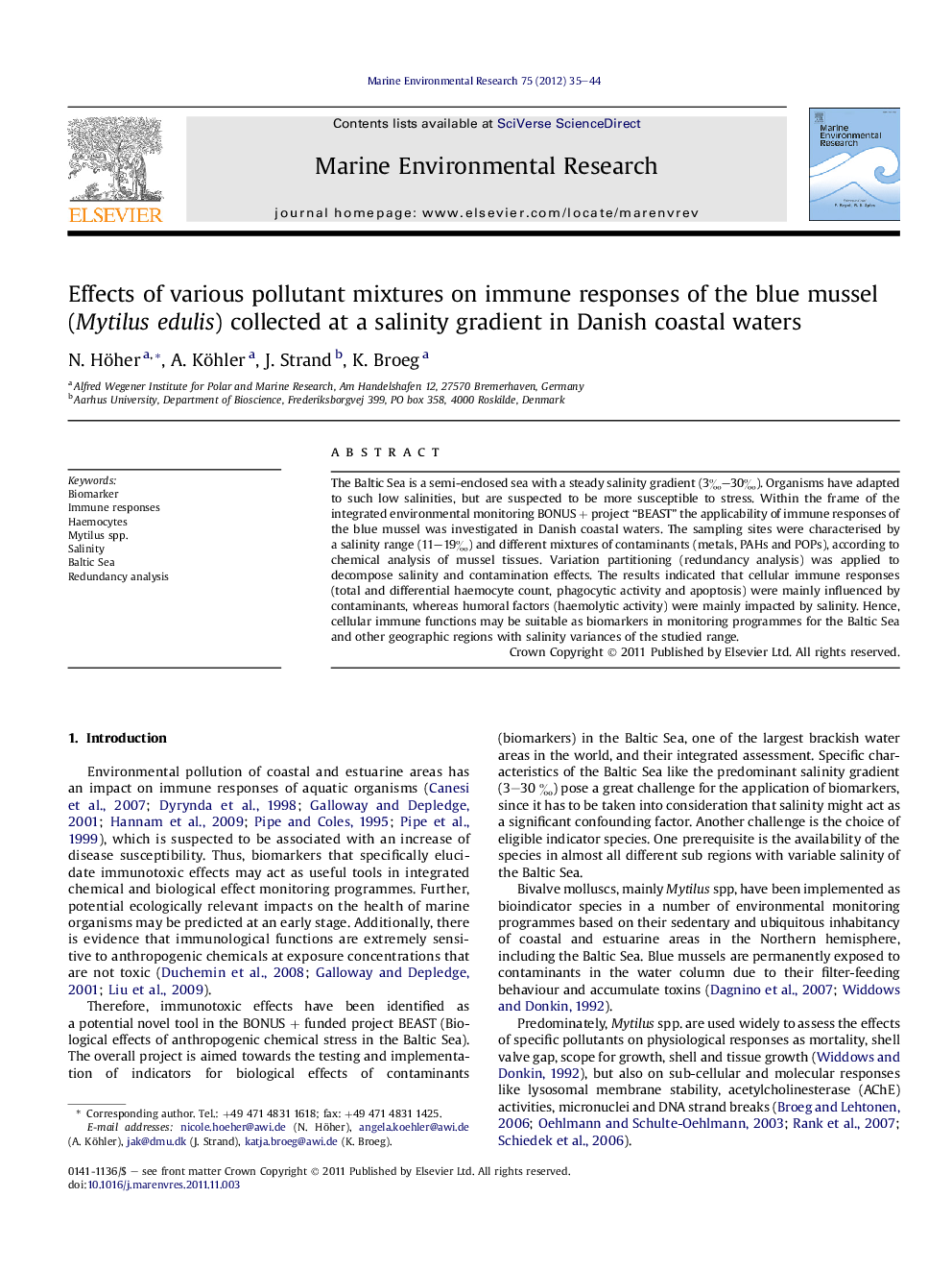 Effects of various pollutant mixtures on immune responses of the blue mussel (Mytilus edulis) collected at a salinity gradient in Danish coastal waters