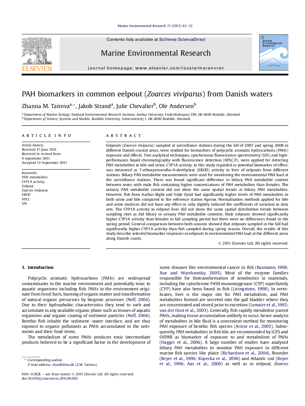 PAH biomarkers in common eelpout (Zoarces viviparus) from Danish waters