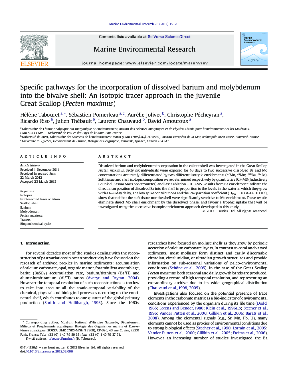 Specific pathways for the incorporation of dissolved barium and molybdenum into the bivalve shell: An isotopic tracer approach in the juvenile Great Scallop (Pecten maximus)