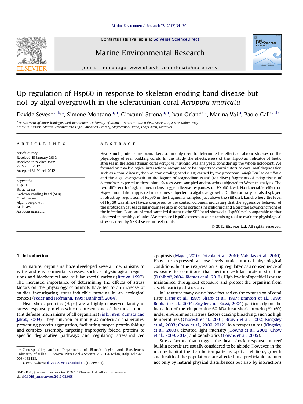 Up-regulation of Hsp60 in response to skeleton eroding band disease but not by algal overgrowth in the scleractinian coral Acropora muricata