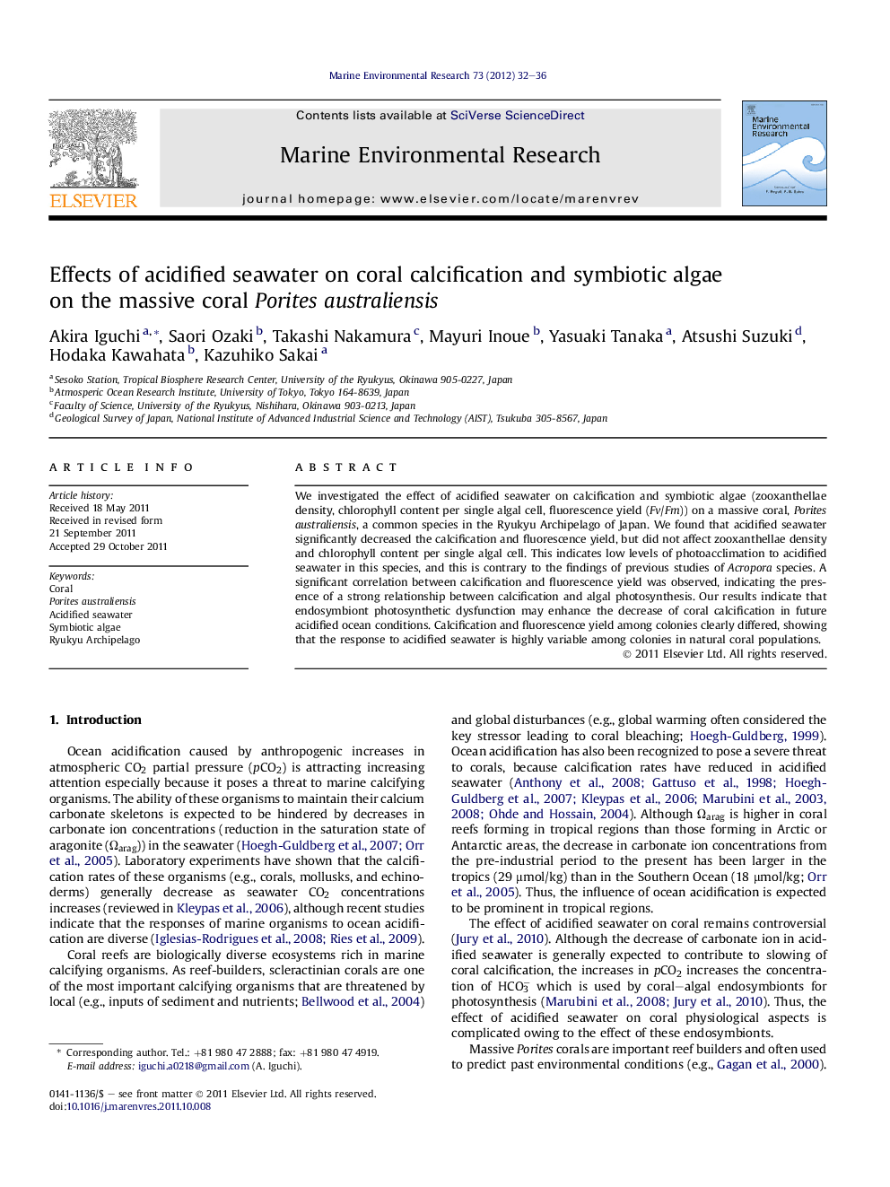 Effects of acidified seawater on coral calcification and symbiotic algae on the massive coral Porites australiensis