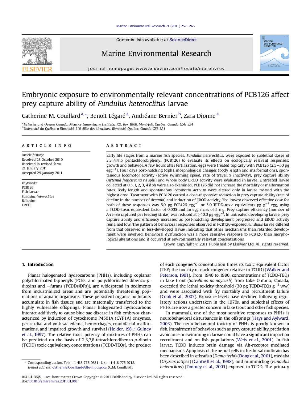 Embryonic exposure to environmentally relevant concentrations of PCB126 affect prey capture ability of Fundulus heteroclitus larvae