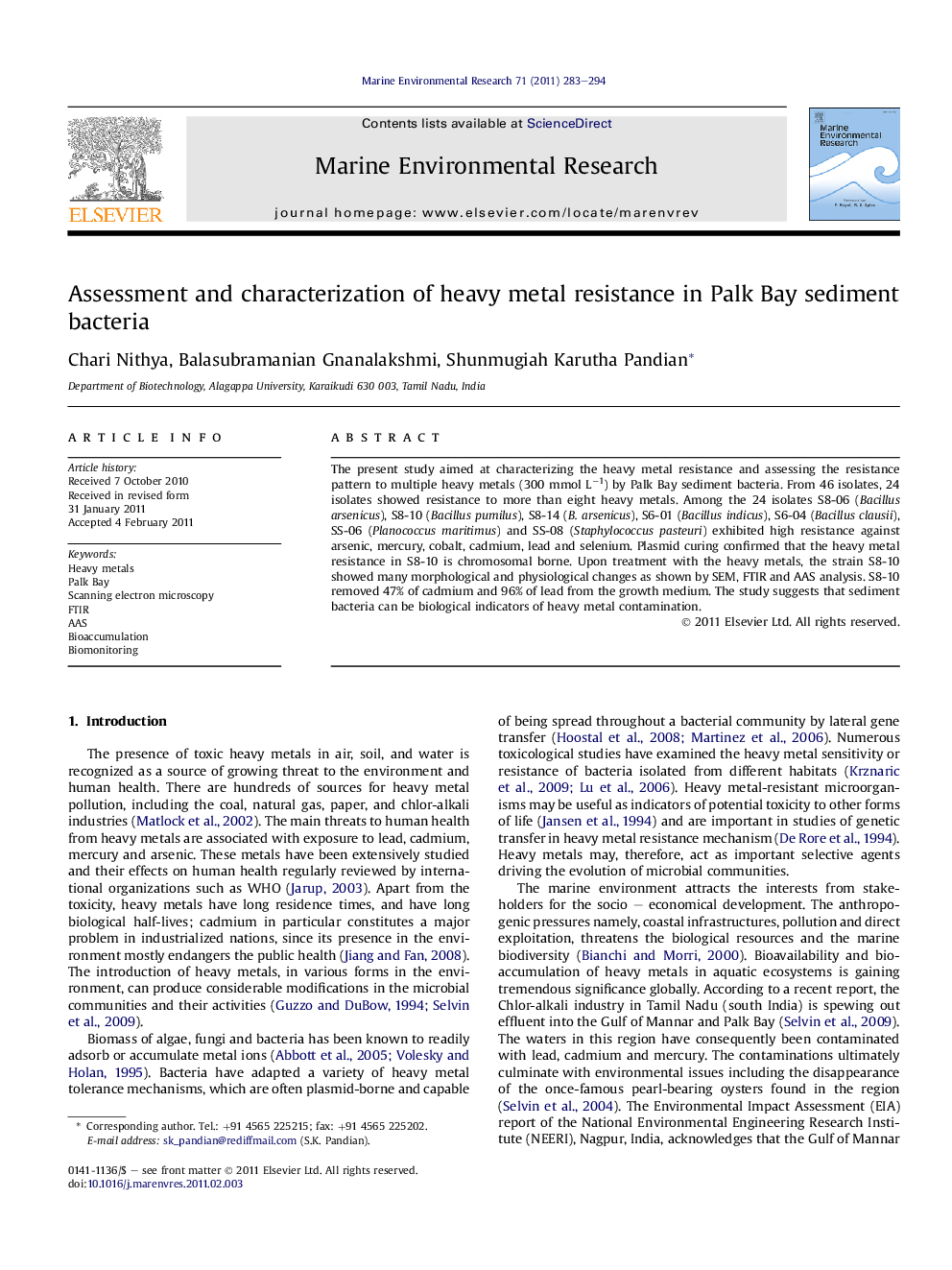 Assessment and characterization of heavy metal resistance in Palk Bay sediment bacteria