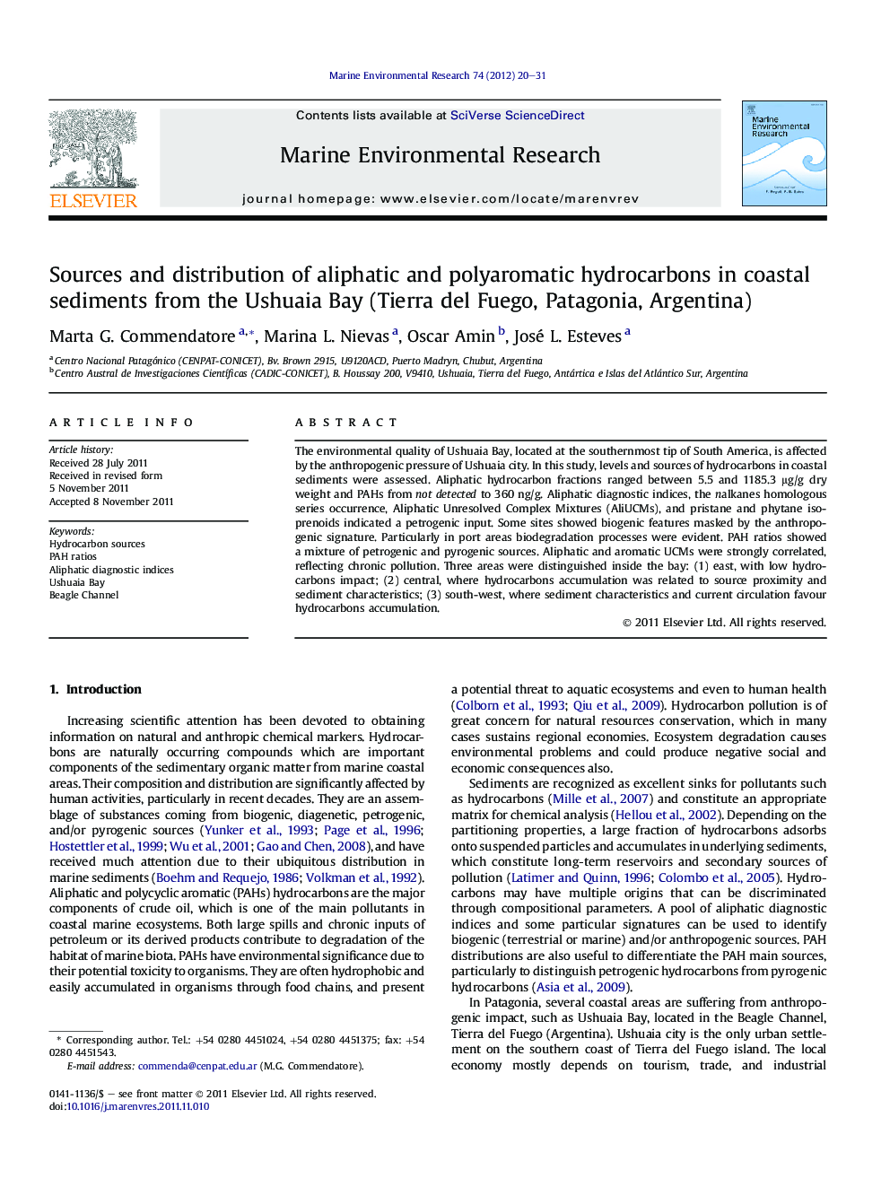 Sources and distribution of aliphatic and polyaromatic hydrocarbons in coastal sediments from the Ushuaia Bay (Tierra del Fuego, Patagonia, Argentina)