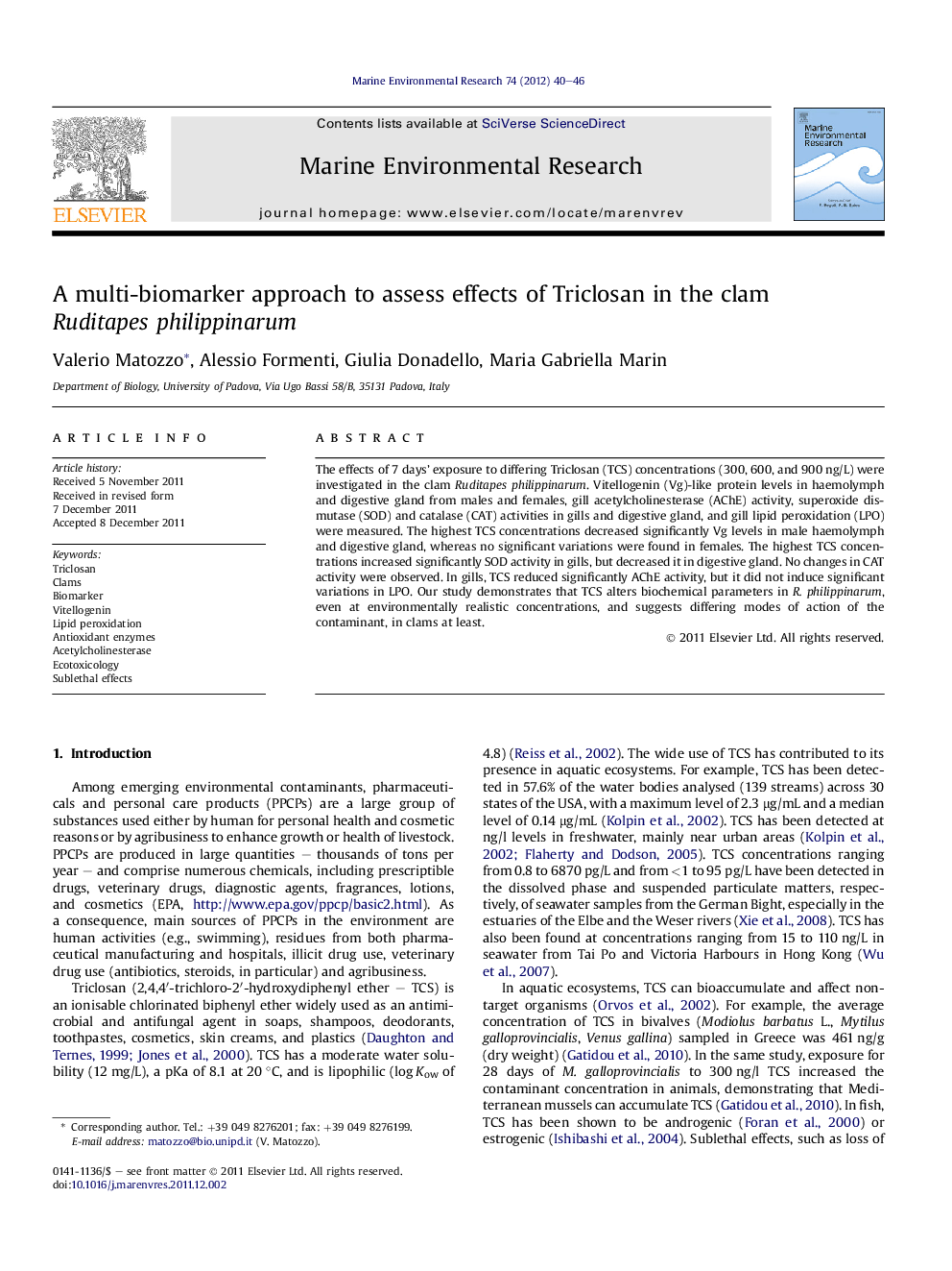 A multi-biomarker approach to assess effects of Triclosan in the clam RuditapesÂ philippinarum