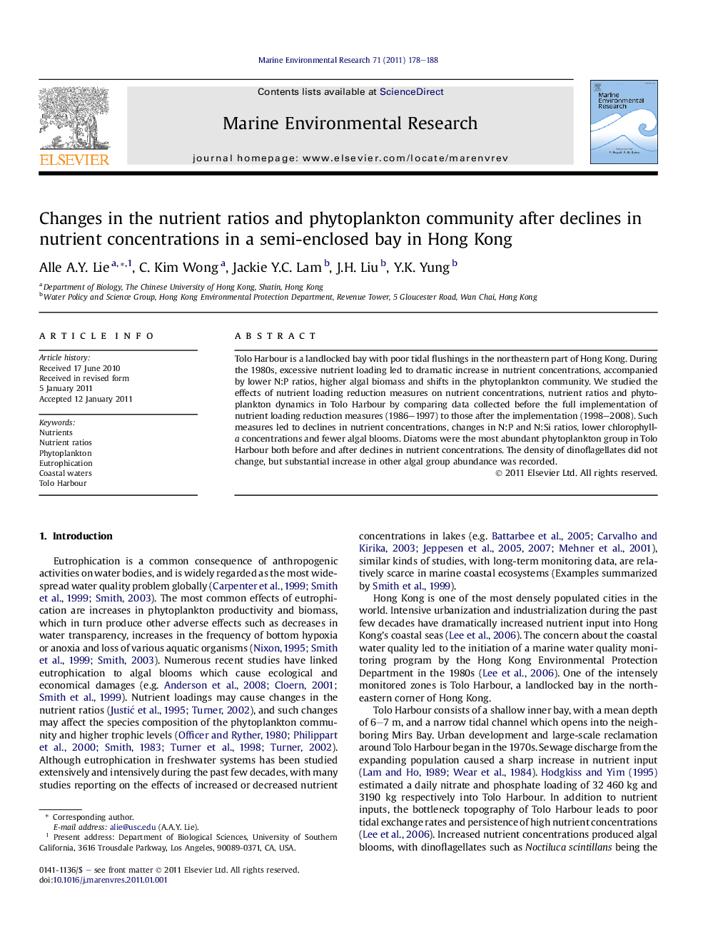 Changes in the nutrient ratios and phytoplankton community after declines in nutrient concentrations in a semi-enclosed bay in Hong Kong