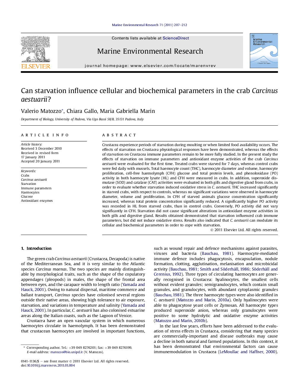 Can starvation influence cellular and biochemical parameters in the crab Carcinus aestuarii?