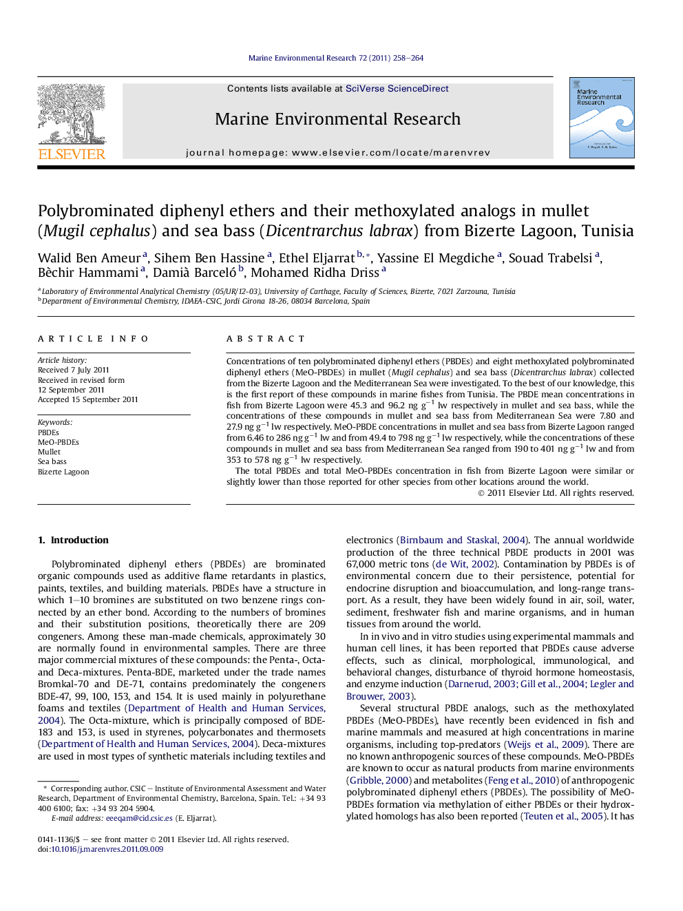 Polybrominated diphenyl ethers and their methoxylated analogs in mullet (Mugil cephalus) and sea bass (Dicentrarchus labrax) from Bizerte Lagoon, Tunisia