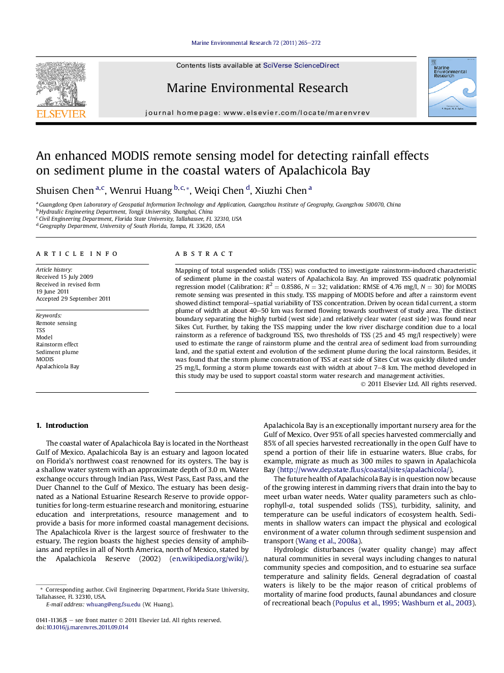 An enhanced MODIS remote sensing model for detecting rainfall effects on sediment plume in the coastal waters of Apalachicola Bay