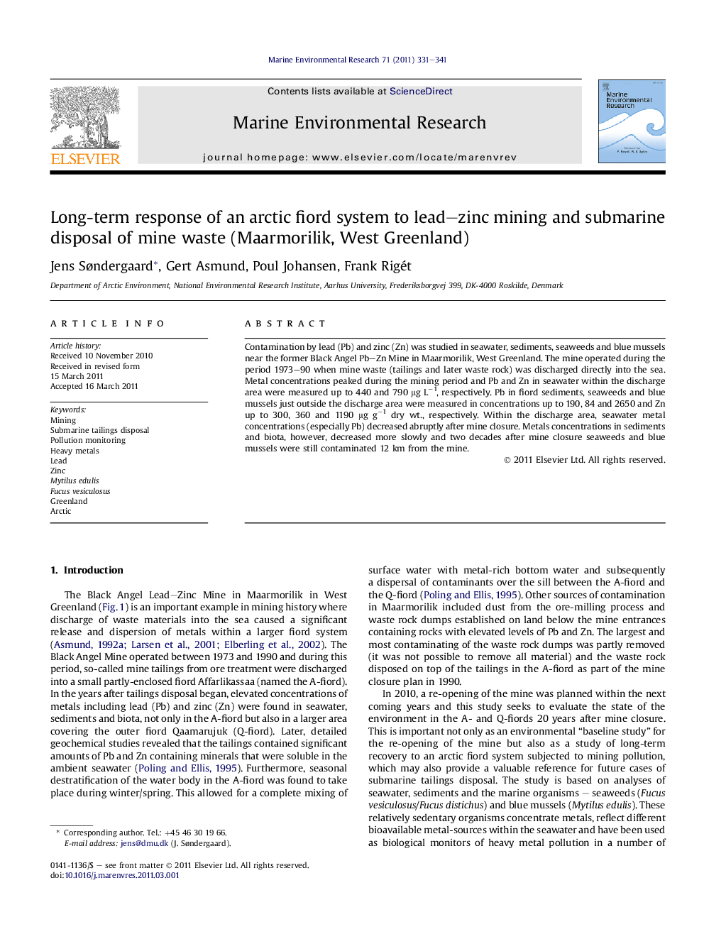 Long-term response of an arctic fiord system to lead–zinc mining and submarine disposal of mine waste (Maarmorilik, West Greenland)