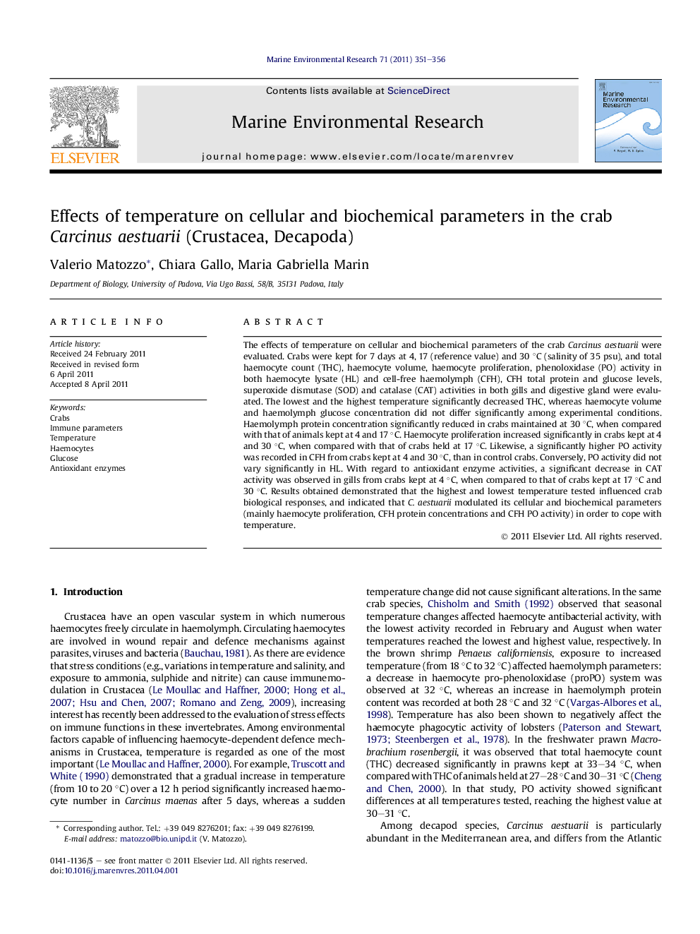 Effects of temperature on cellular and biochemical parameters in the crab Carcinus aestuarii (Crustacea, Decapoda)