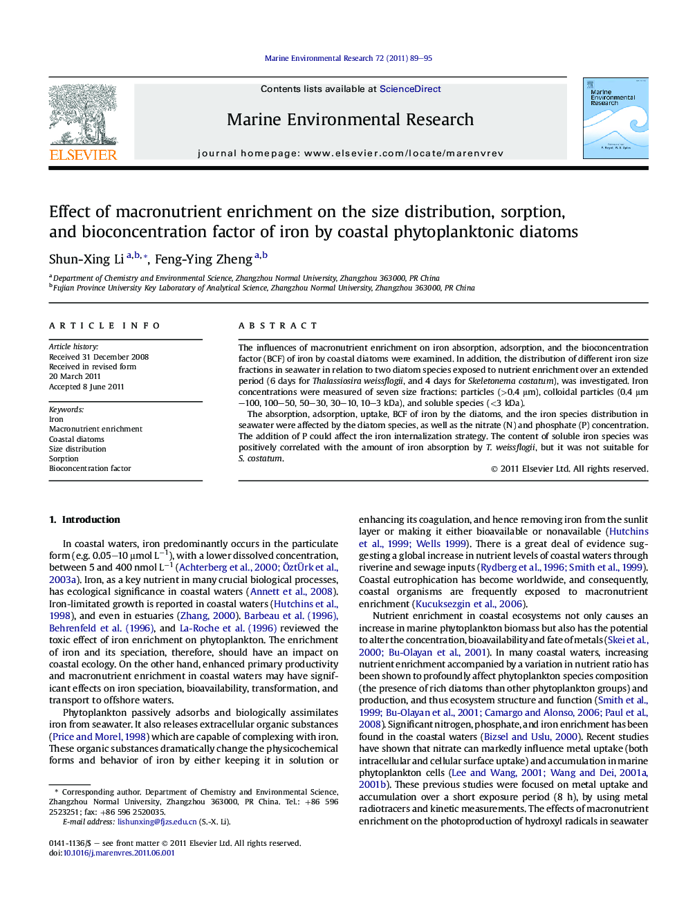 Effect of macronutrient enrichment on the size distribution, sorption, and bioconcentration factor of iron by coastal phytoplanktonic diatoms