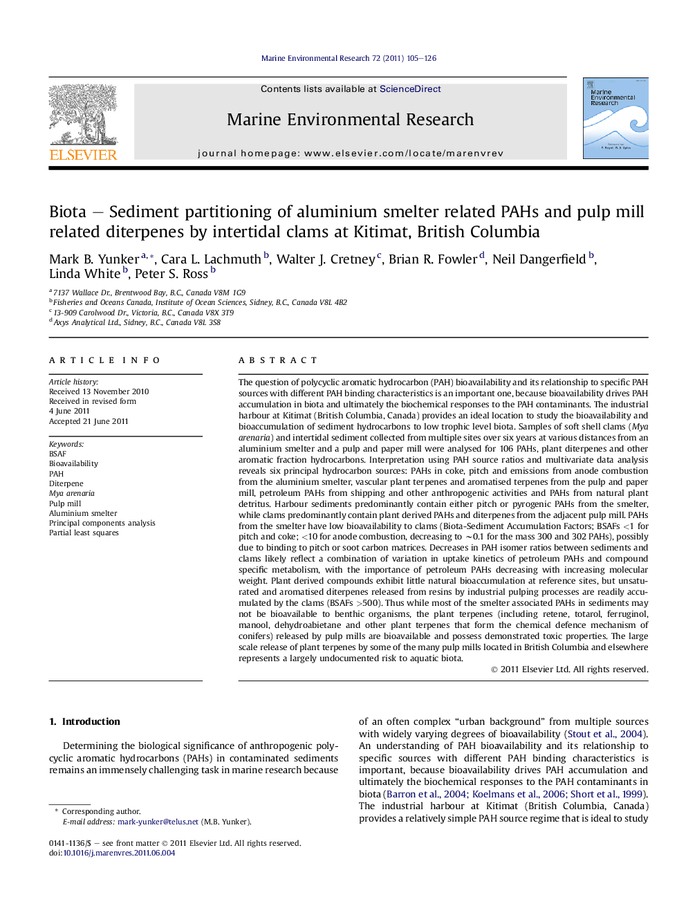 Biota - Sediment partitioning of aluminium smelter related PAHs and pulp mill related diterpenes by intertidal clams at Kitimat, British Columbia