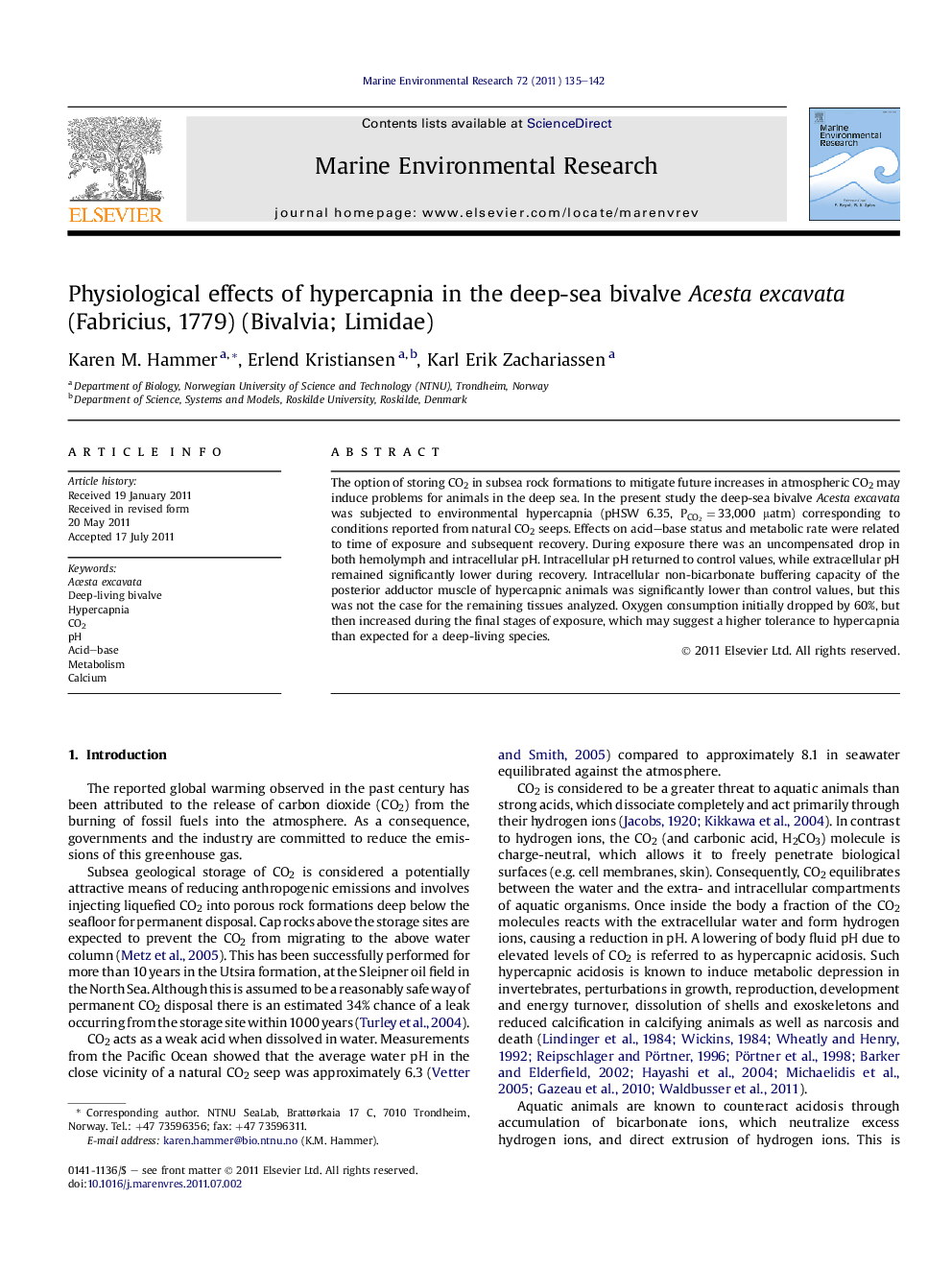 Physiological effects of hypercapnia in the deep-sea bivalve Acesta excavata (Fabricius, 1779) (Bivalvia; Limidae)