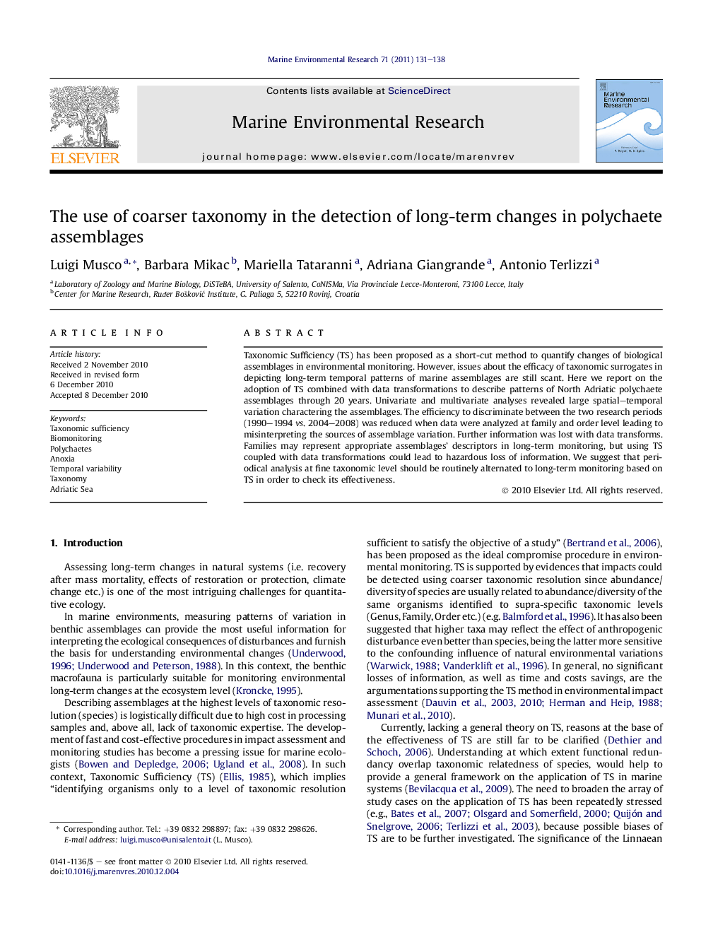 The use of coarser taxonomy in the detection of long-term changes in polychaete assemblages