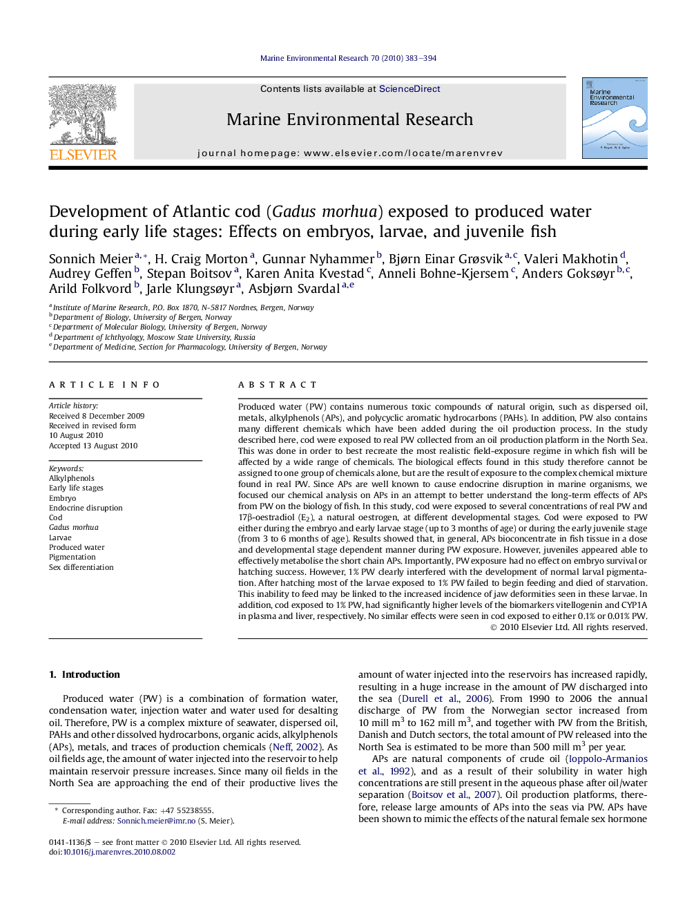 Development of Atlantic cod (Gadus morhua) exposed to produced water during early life stages: Effects on embryos, larvae, and juvenile fish