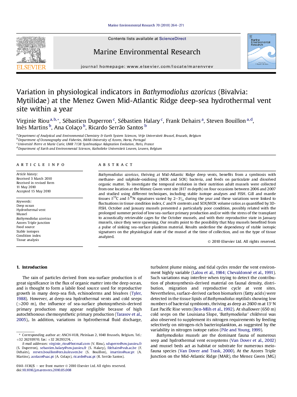 Variation in physiological indicators in Bathymodiolus azoricus (Bivalvia: Mytilidae) at the Menez Gwen Mid-Atlantic Ridge deep-sea hydrothermal vent site within a year