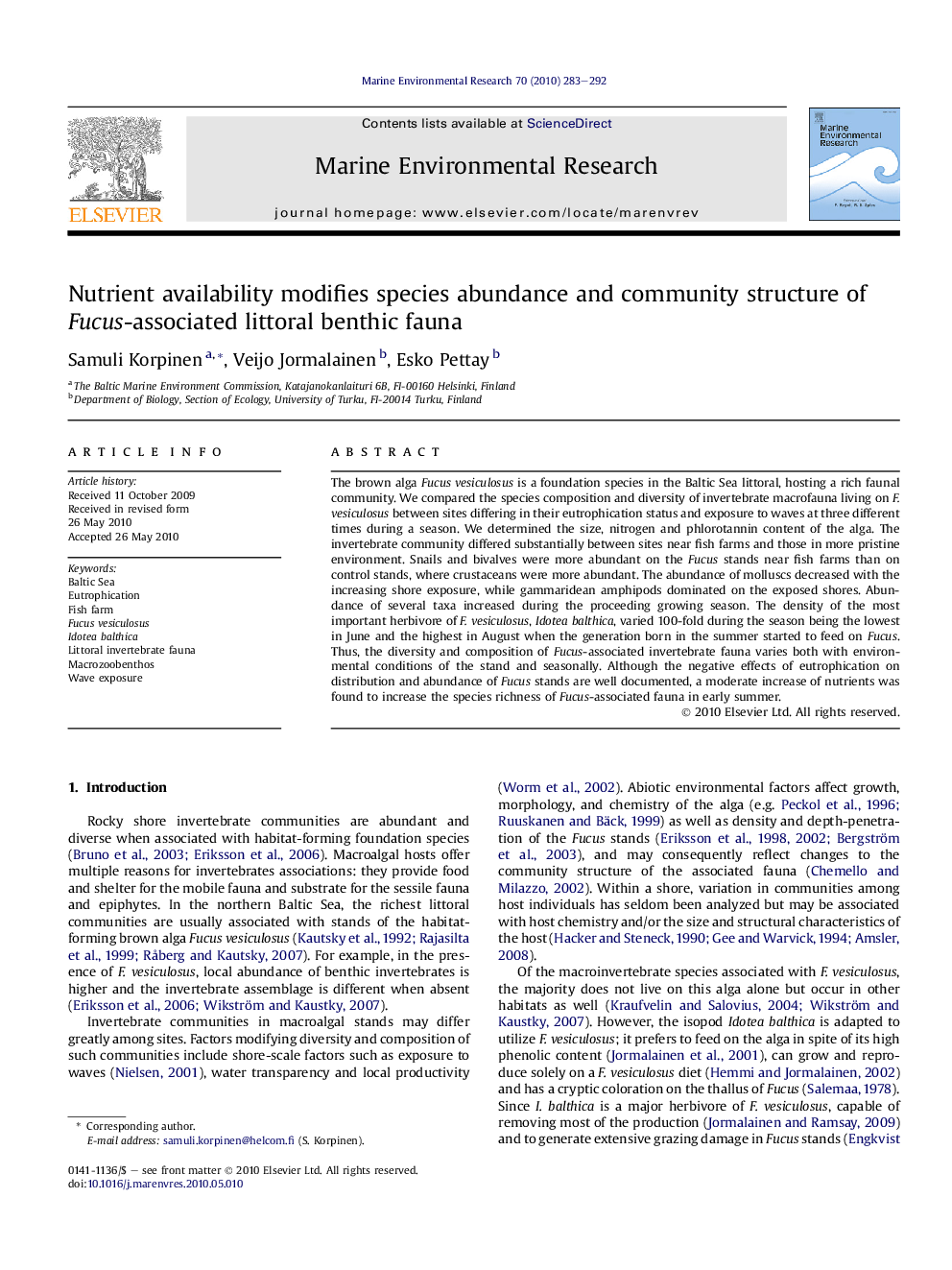 Nutrient availability modifies species abundance and community structure of Fucus-associated littoral benthic fauna