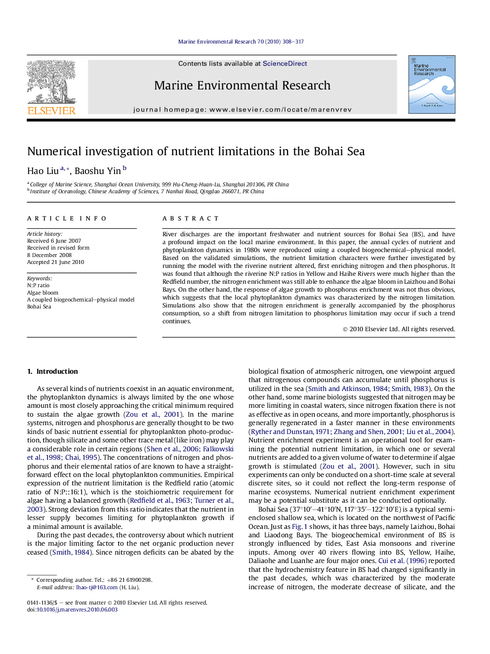 Numerical investigation of nutrient limitations in the Bohai Sea