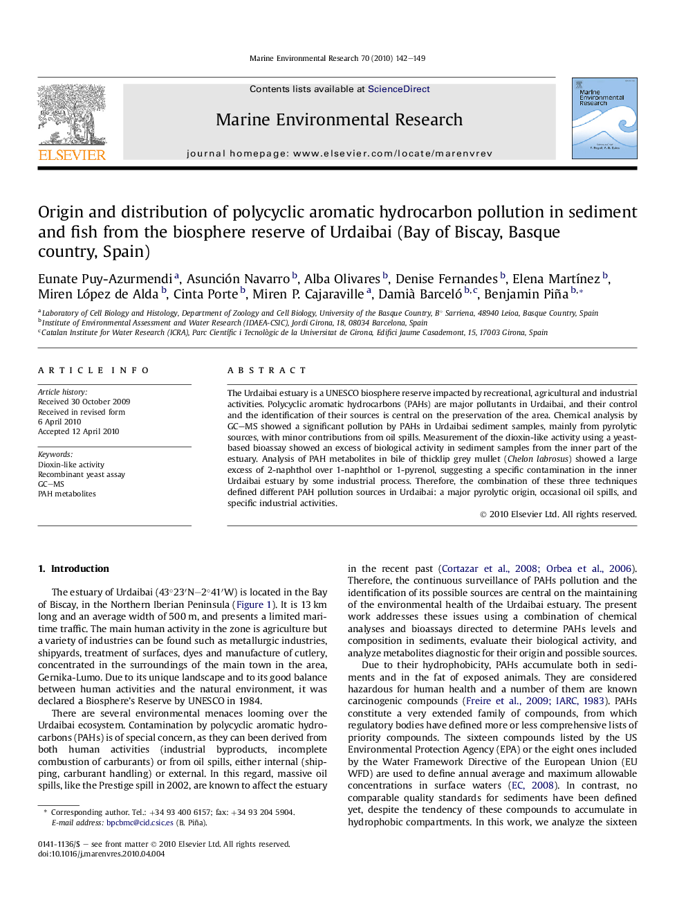 Origin and distribution of polycyclic aromatic hydrocarbon pollution in sediment and fish from the biosphere reserve of Urdaibai (Bay of Biscay, Basque country, Spain)