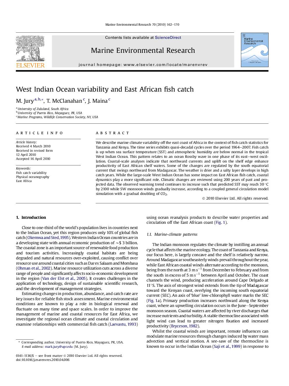 West Indian Ocean variability and East African fish catch