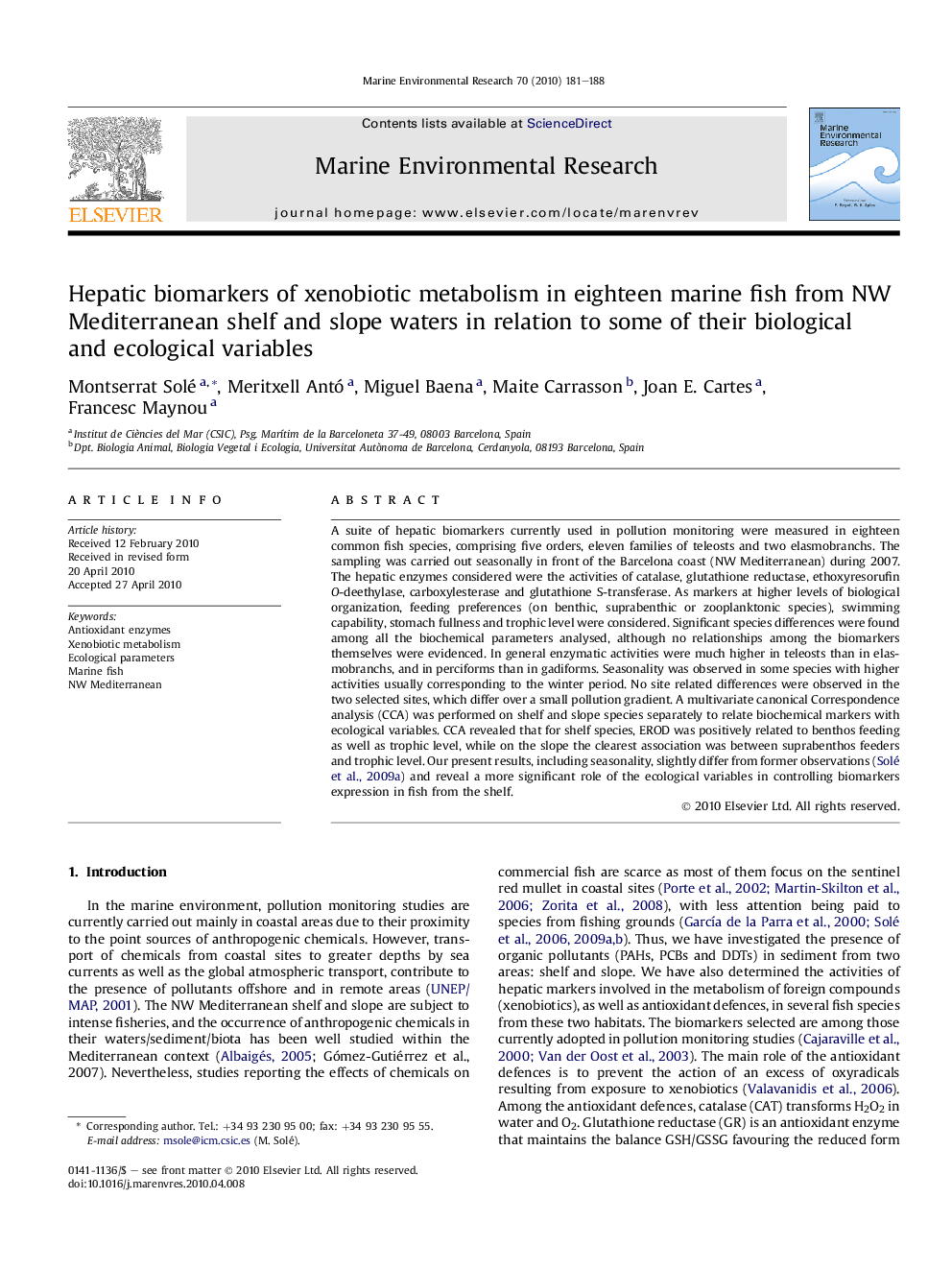 Hepatic biomarkers of xenobiotic metabolism in eighteen marine fish from NW Mediterranean shelf and slope waters in relation to some of their biological and ecological variables