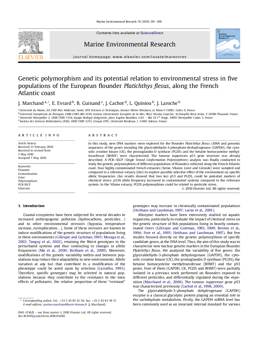 Genetic polymorphism and its potential relation to environmental stress in five populations of the European flounder Platichthys flesus, along the French Atlantic coast