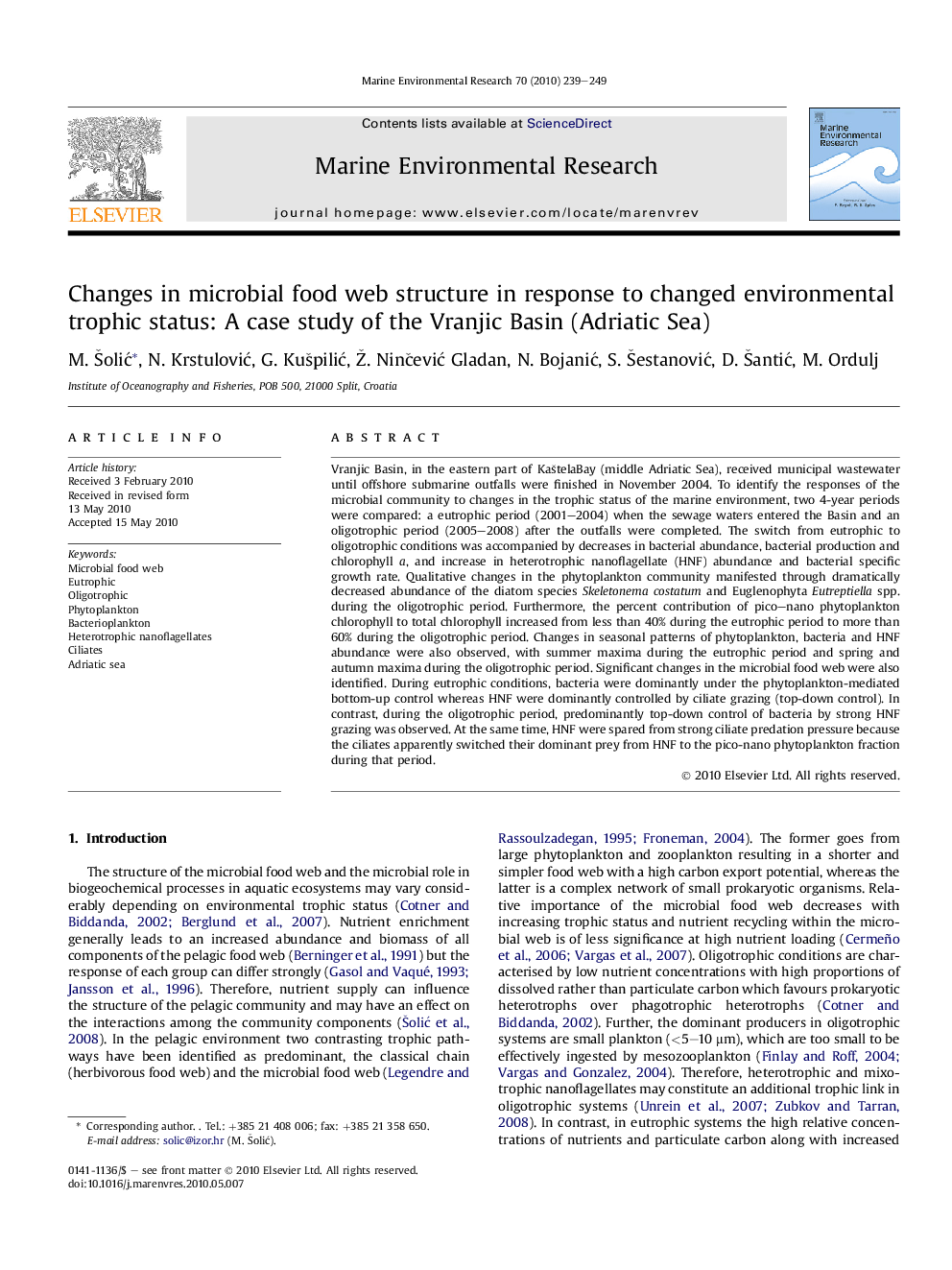 Changes in microbial food web structure in response to changed environmental trophic status: A case study of the Vranjic Basin (Adriatic Sea)