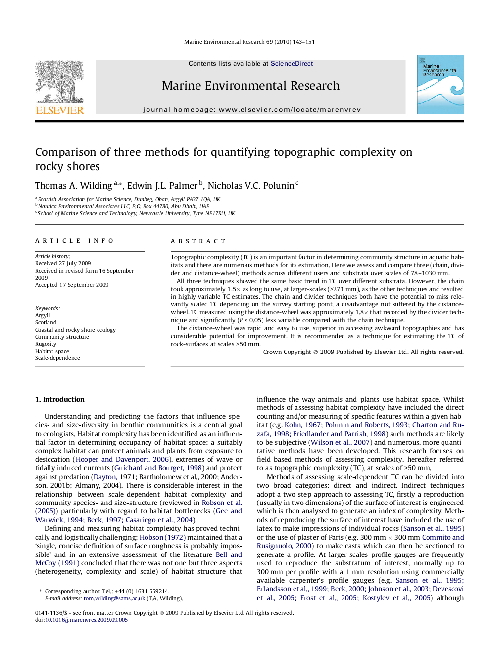 Comparison of three methods for quantifying topographic complexity on rocky shores