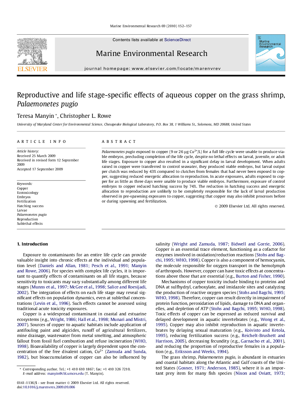 Reproductive and life stage-specific effects of aqueous copper on the grass shrimp, Palaemonetes pugio