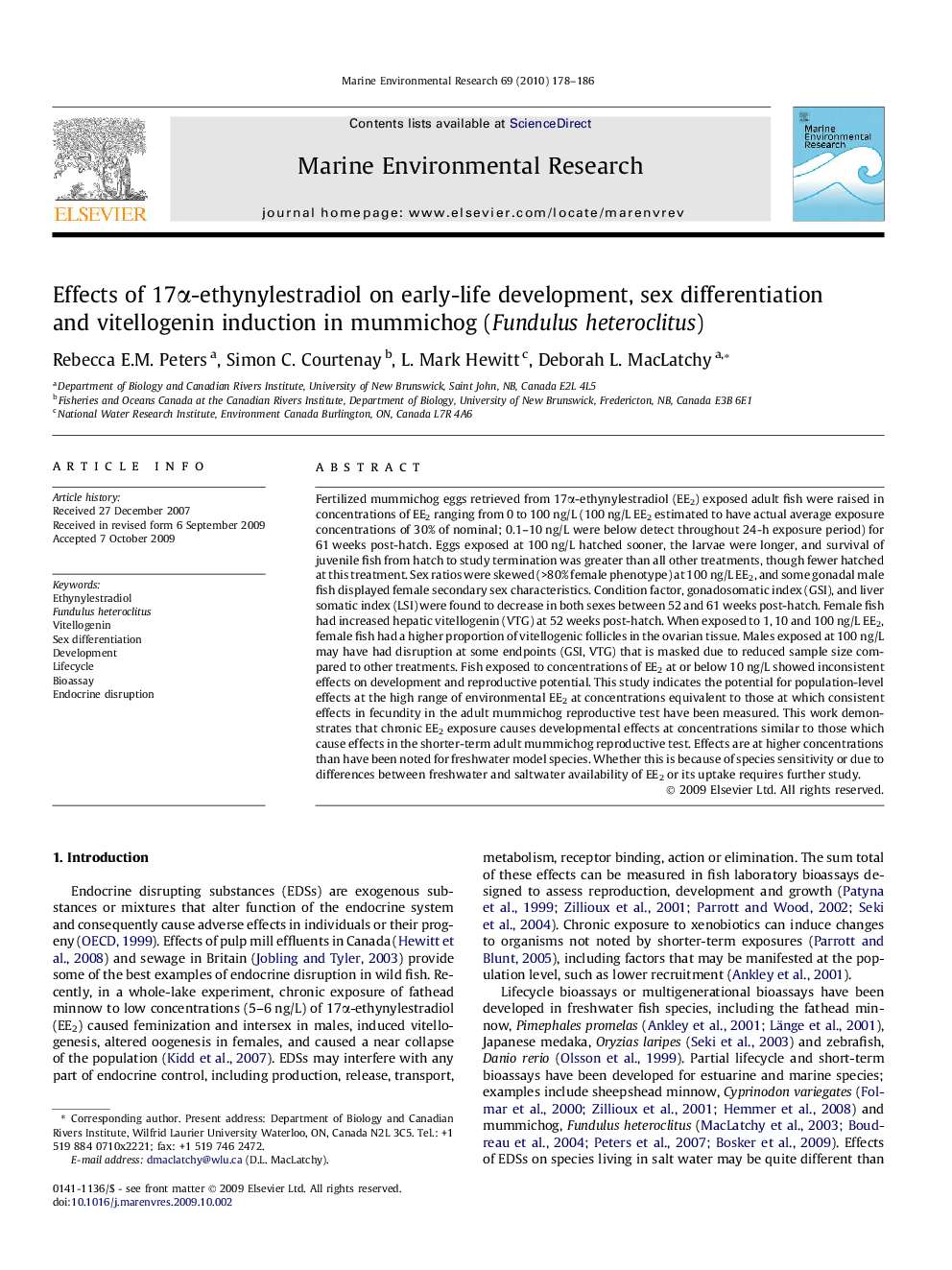 Effects of 17α-ethynylestradiol on early-life development, sex differentiation and vitellogenin induction in mummichog (Fundulus heteroclitus)