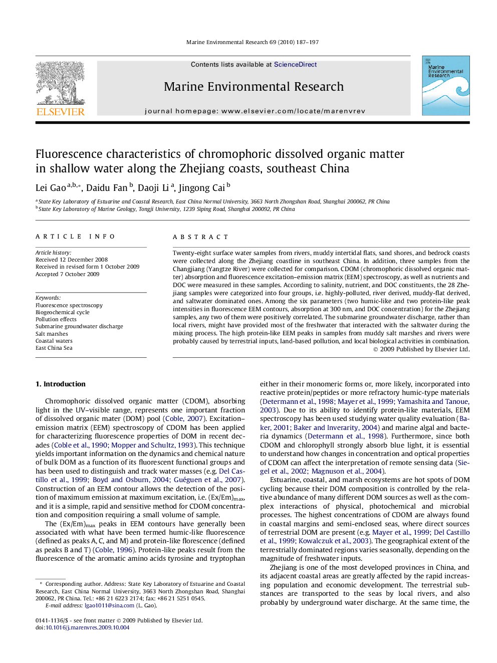 Fluorescence characteristics of chromophoric dissolved organic matter in shallow water along the Zhejiang coasts, southeast China